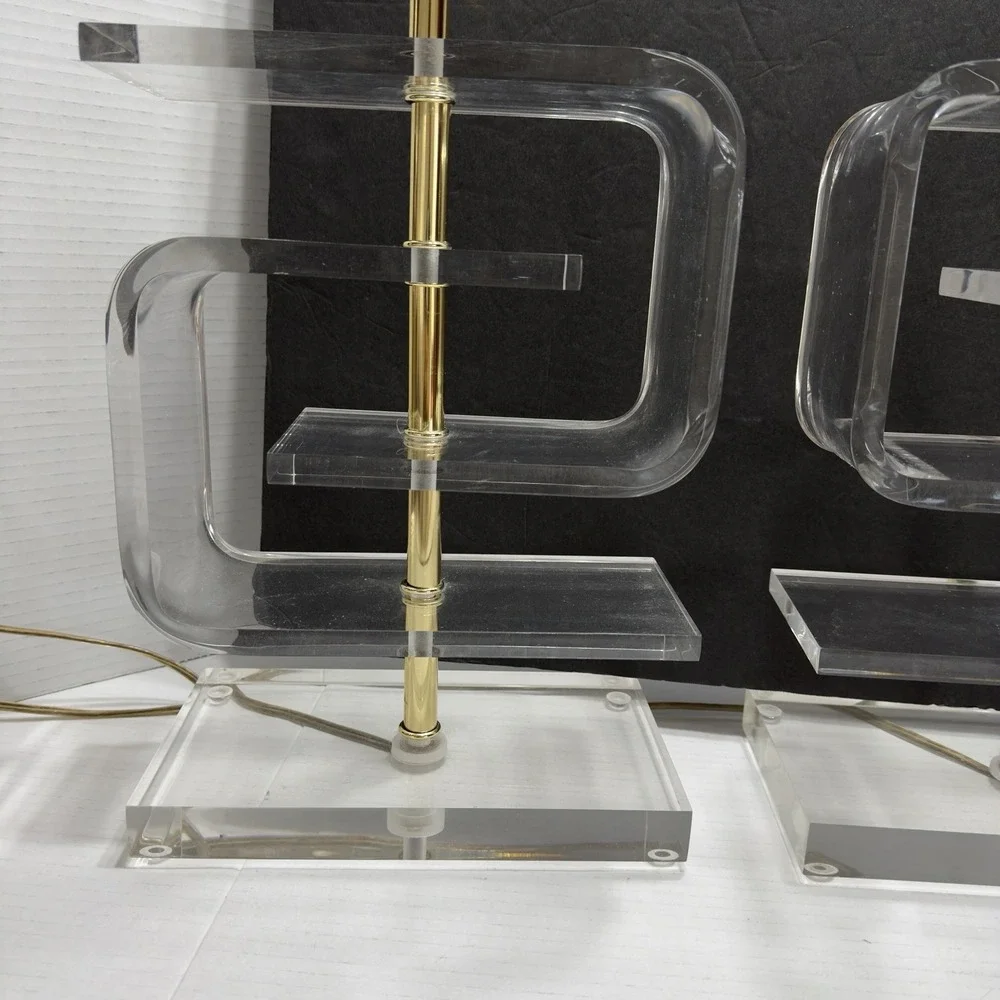 Pair Lucite Table Lamps 2 Lights Vtg Waterfall Clear Art Deco MCM 27